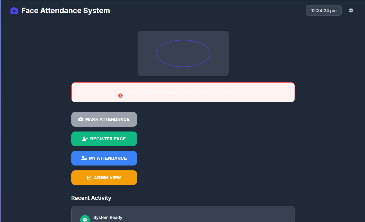 Face Attendance System app screen showing Mark Attendance, Register Face, My Attendance and Admin View options